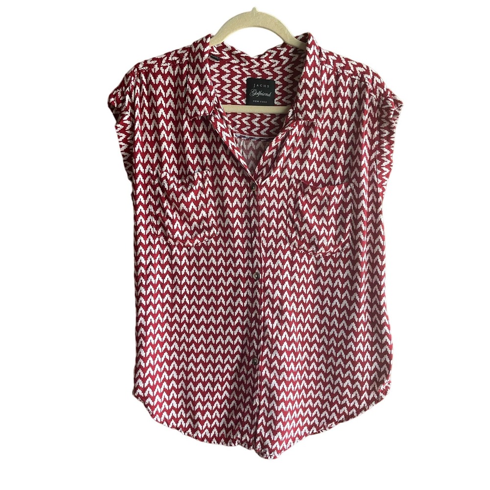 Jach’s Girlfriend Quinn Button Down Cap Sleeve Red & White Chevron Top Sz Medium